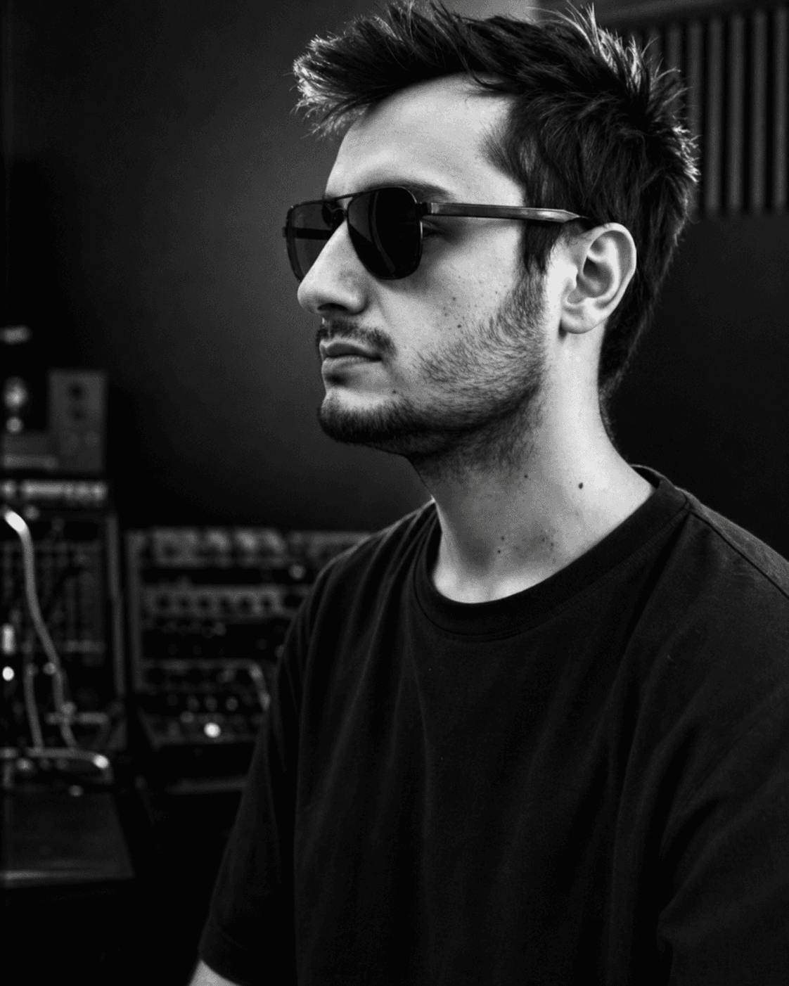 Livvux in a monochrome music studio