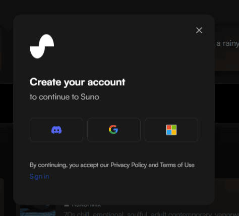 Suno.AI login options - Discord, Google, or Microsoft image 4